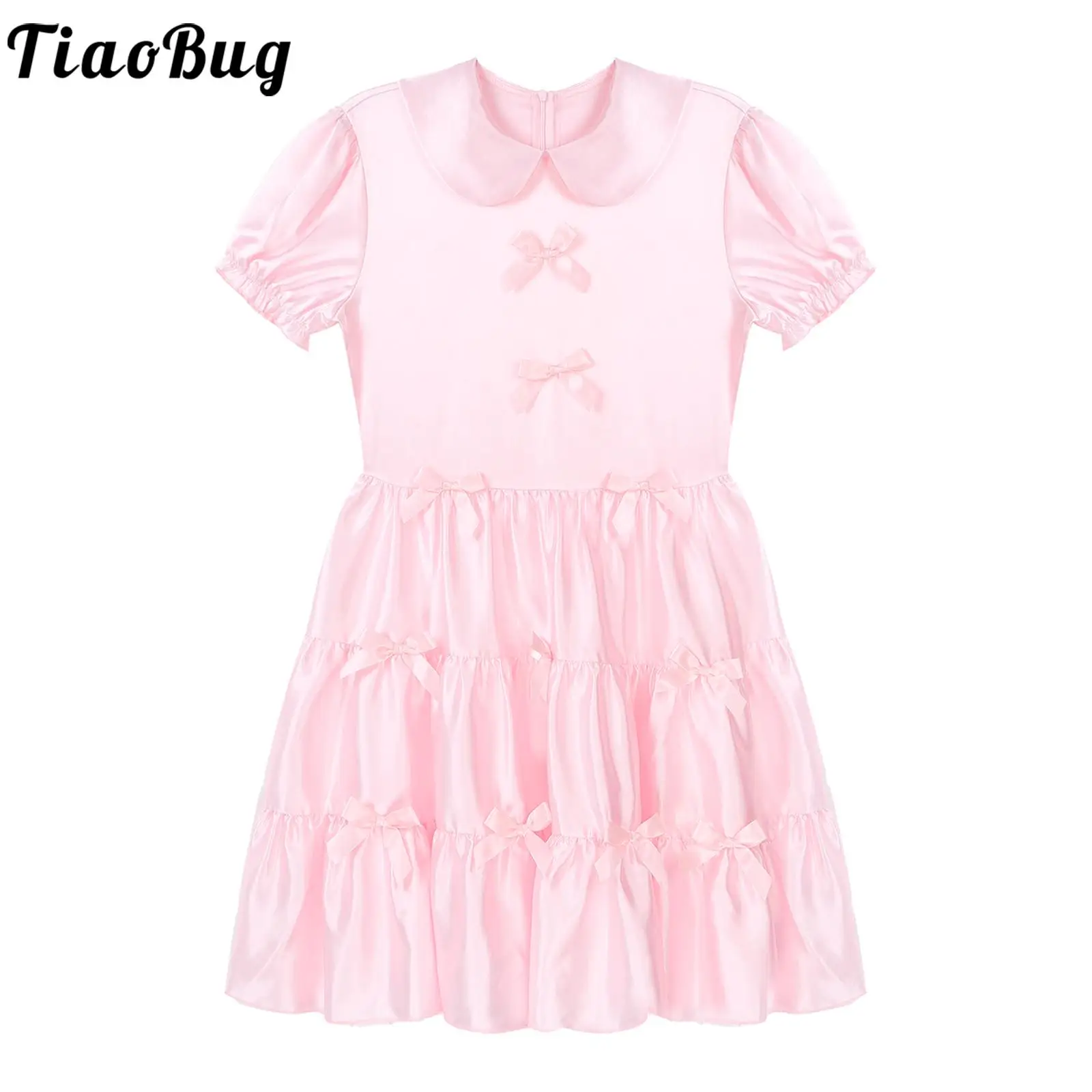 Mens Kawaii Stain Dress Sweet Sissy Cosplay Costumes Cute Puff Sleeve Turn-Down Collar Midi Dress Pink Bowknot Ruffle Dress