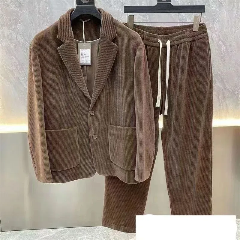Fashion Suit Men's Spring Autumn Long Sleeve High-end Casual Korean Slim Two-piece Set Solid Wrinkle Blazer With Lining Outfits