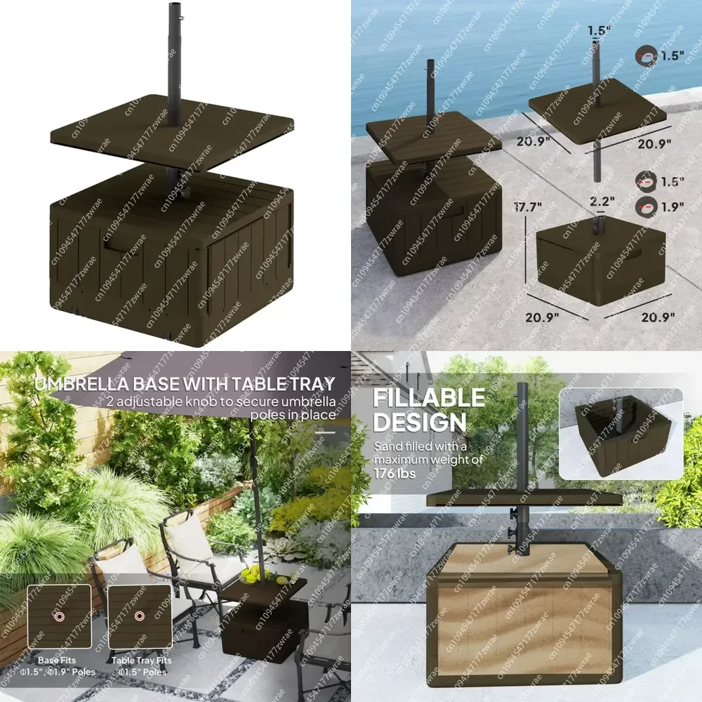 Heavy Duty 9ft Patio Umbrella Stand with Table Tray 176lbs Weight Wheels Handles Brown Stand Filling 2.7m Radii