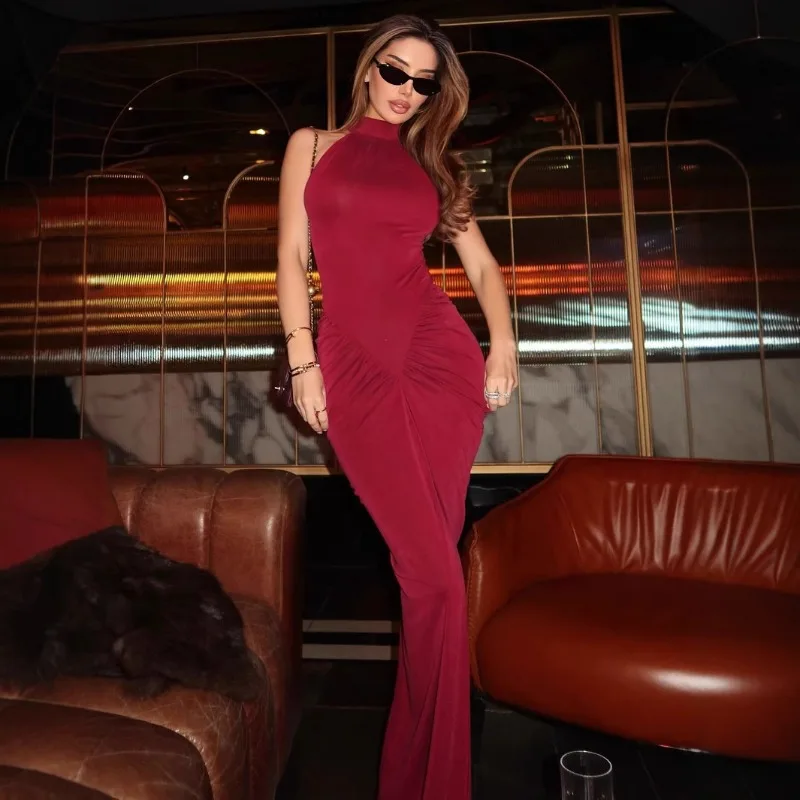 

Women's Clothing Solid Maxi Dress Sleeveless Halter Neck Form-fitting Hugging Long Dress Fashion Comfortable Cool Women Dress