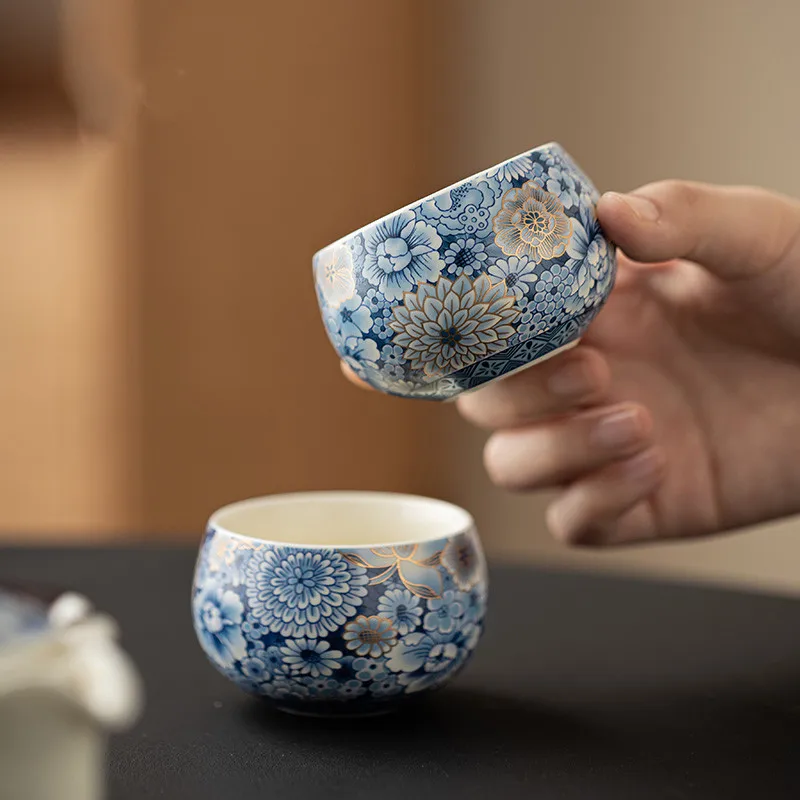 

1 Pc Chinese Blue and Flower Ceramic Tea Cup Handmade Ru Kiln Teacup Travel Personal Tea Bowl Master Cup Household Teaware 40ml
