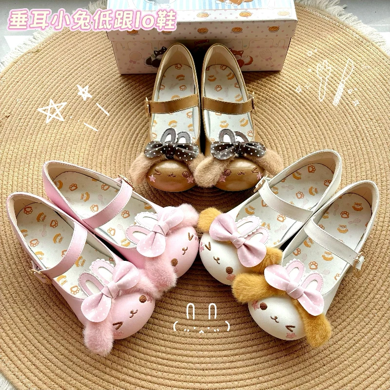 Japanese Original Sweet Cute Lo Shoes Soft Girl Daily Versatile Lolita Cartoon Lop Ears Rabbit Bow Ears Flat Shoes for Women
