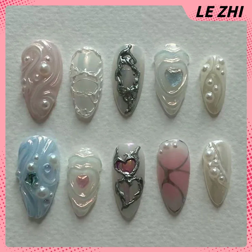 French Almond Handmade Fake Nail Summer Flowers Color Sizes Can Be Customized High-End Glitter Press On Nails Party Stickers