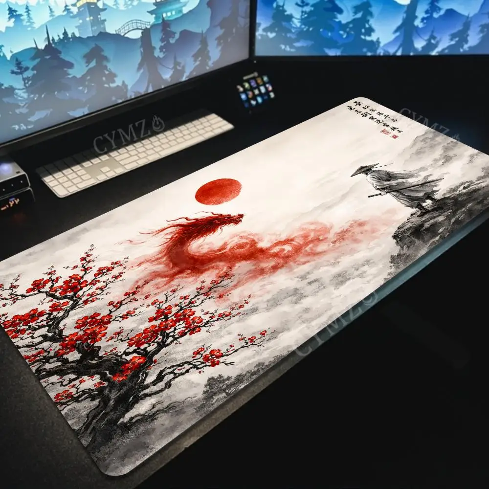 

Коврик для мыши с иллюстрацией воина в стиле туши, нескользящий настольный коврик, игровые коврики, аксессуары для ПК, удлиненный коврик, офисный коврик