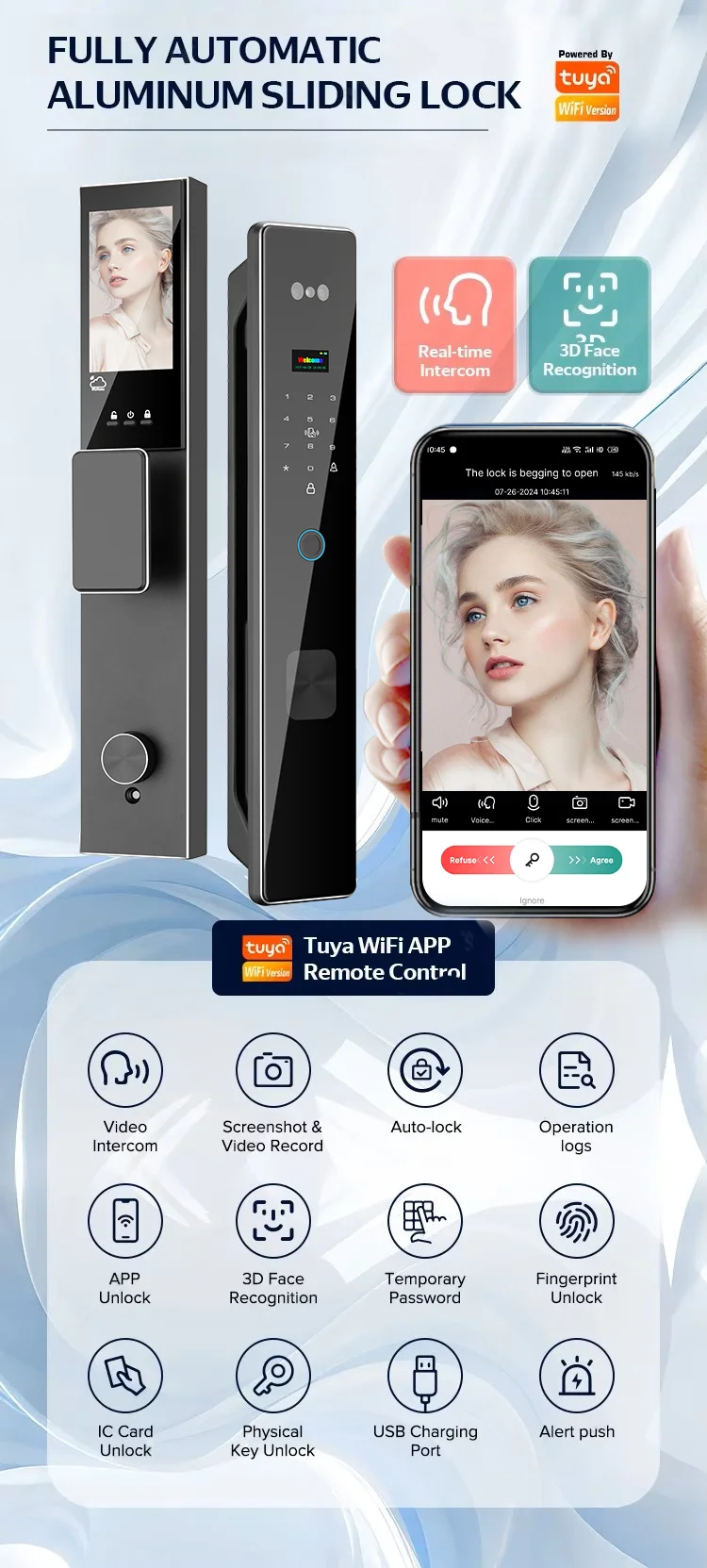 Kunci Digital Sidik Jari Pengenal Wajah 3D Tuya WiFi Dengan Audio Dua Arah Kamera WiFi Panggilan Video Buka Kunci Jarak Jauh Melalui Aplikasi