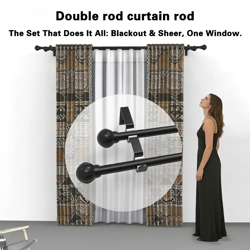 5/ 8inch Metal double-rod curtain rod/Roman rod, adjustable length double-layer black curtain rod, maximum length 60-147inch, compatible with 1m, 2m, 3m window curtain rod track sets, wall-mounted installation, sturdy and durable, modern decorative style