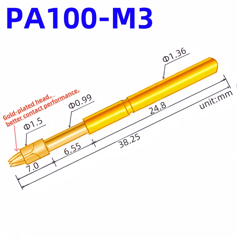 20/100PCS PA100-M3 Spring Test Probe Test Pin Pogo Pin P100-M3 PCB Test Tool 1.50/0.99/1.36/38.35mm Gold Needle tricusp Tip