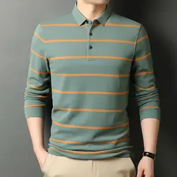 Spring Autumn Polo-Neck All-match Long Sleeve Top 2023 New Striped Korean Fashion Business Male Button Clothes Shirts for Men