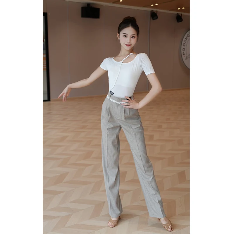 Women Latin Ballroom Dance Clothes Pearl Lace Tops Short Sleeves Gray Black Latin Trousers Salsa Dance Practice Wear DNV24401
