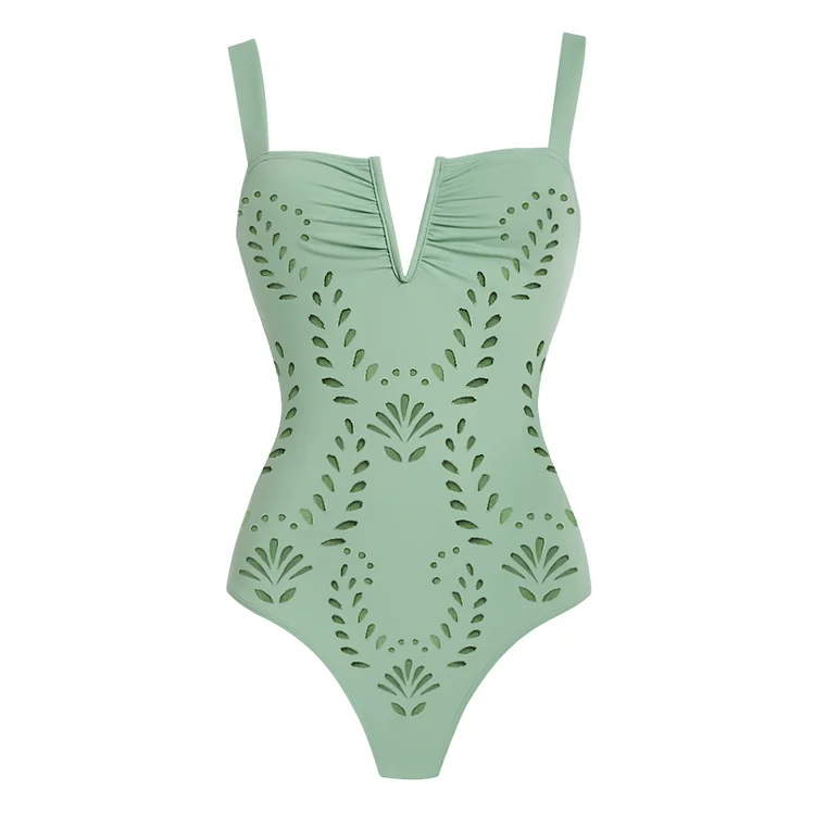 Flaxmaker 2025 Summer Solid Color Hollow Out One Piece Swimsuit Sets Woman Sexy Deep V Neck Holiday Swimwear Beachwear
