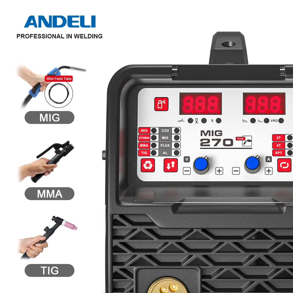 Imagem -02 - Máquina de Solda em Inversor Semi-automático Soldadores Mig Gás Gasless Solda Elevador Tig Mma 220v Andeli-mig270