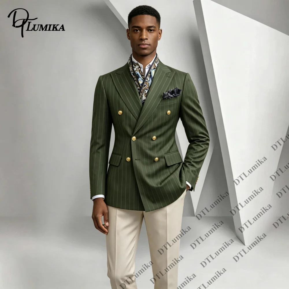 Custom Olive Pinstriped Men Suit 2‑Piece, Bold Statement Formal Outfit for Fashion Show Themed Cocktail Party Elite Social Suits