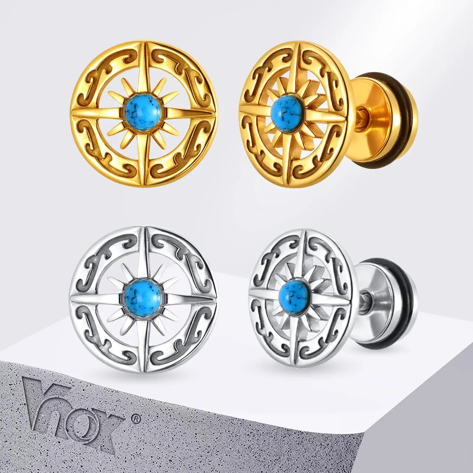 VNOX Vintage Compass Stud Earrings for Men Stainless Steel Nordic Viking Design Blue Turquoise 10.3mm Wide Screw Back Earrings