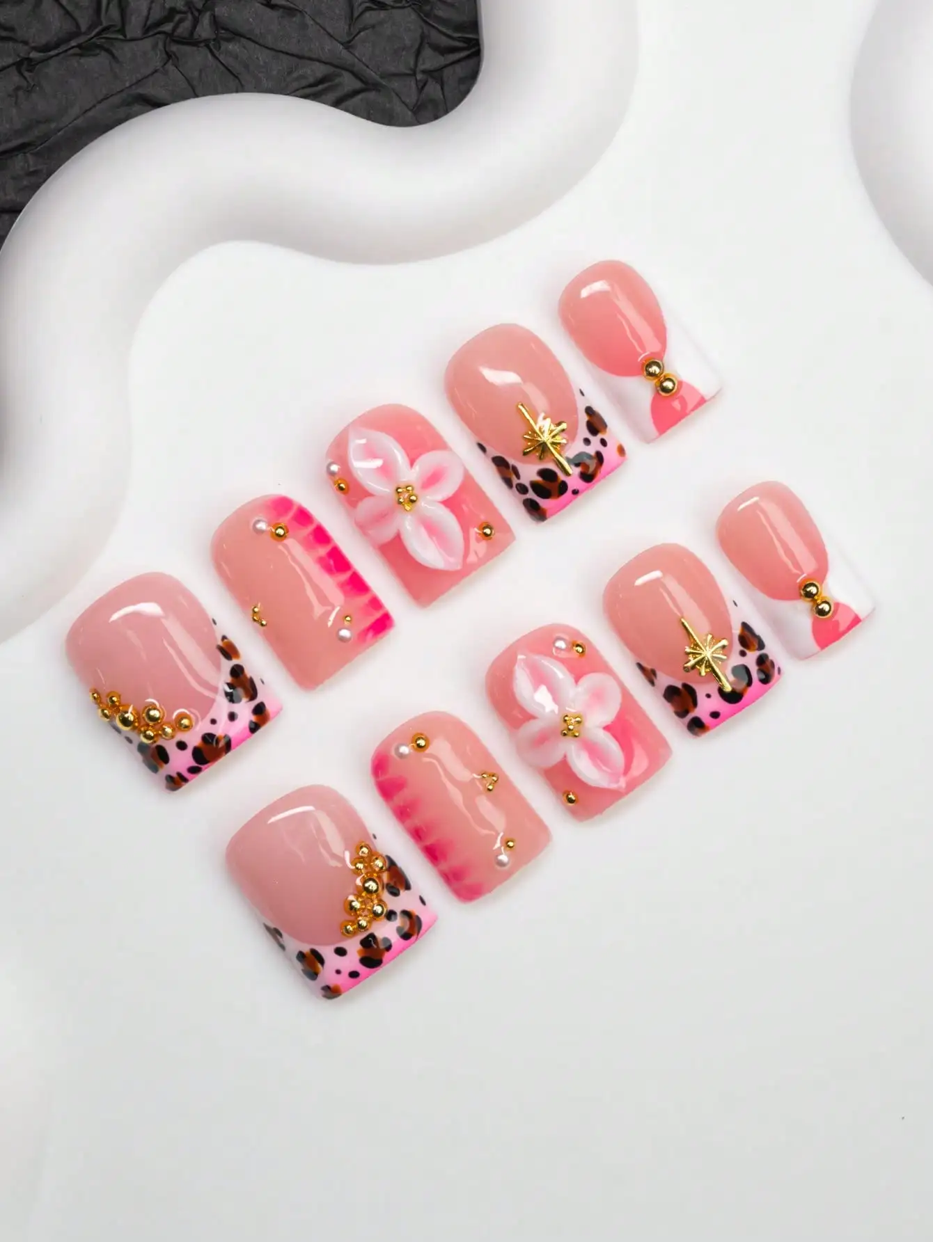 

10pcs/Set Handmade Square Nail Tips, Y2K Baddie Style, Nude, Pink, White Nail Plates With French Edge, Carved, Polka Dot, Beads