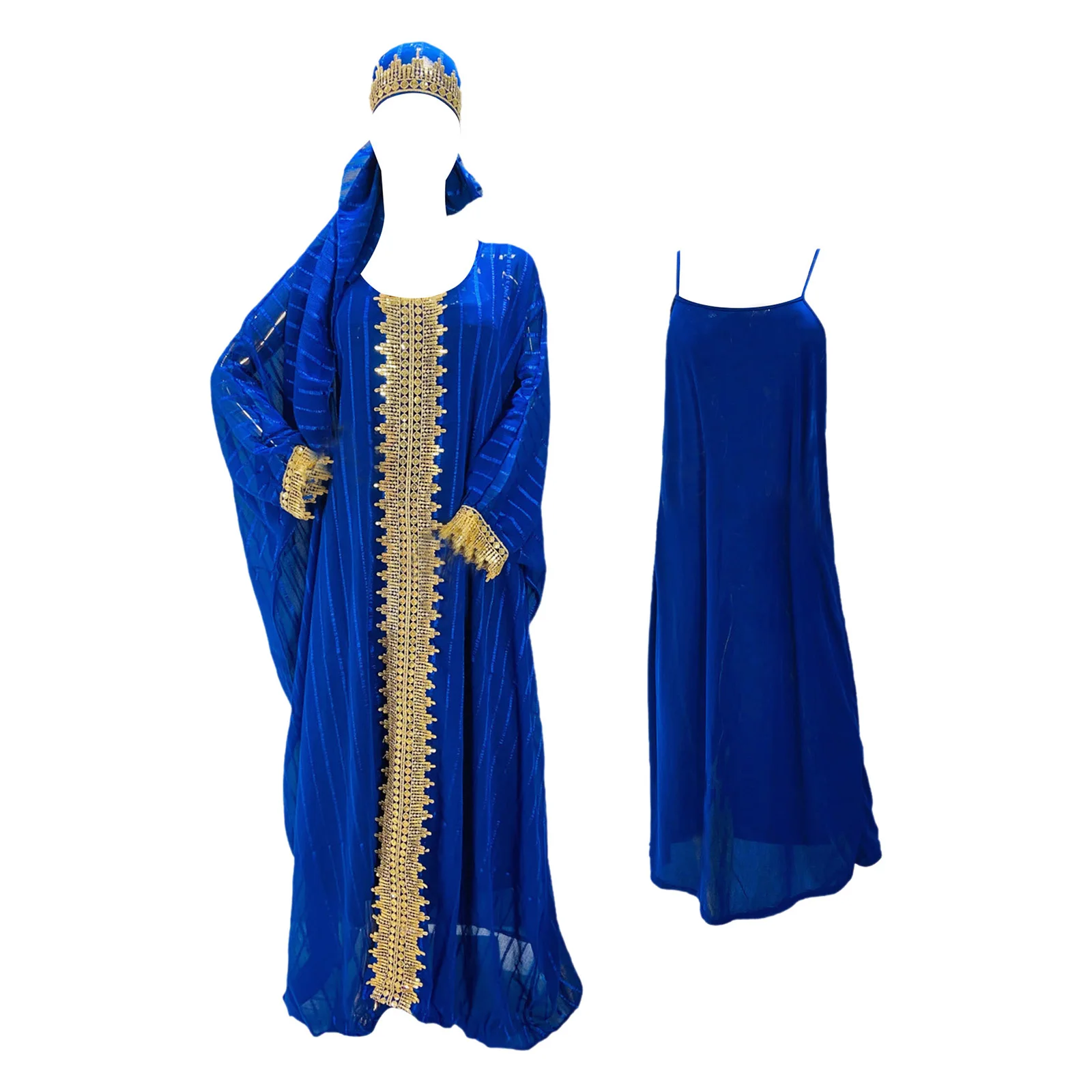 

Women Muslim Islamic Outfit Set Baselayer Sling Dress Gold Trim Long Sleeve Kaftan Abaya Robe with Hijab Casual Arabian Clothes