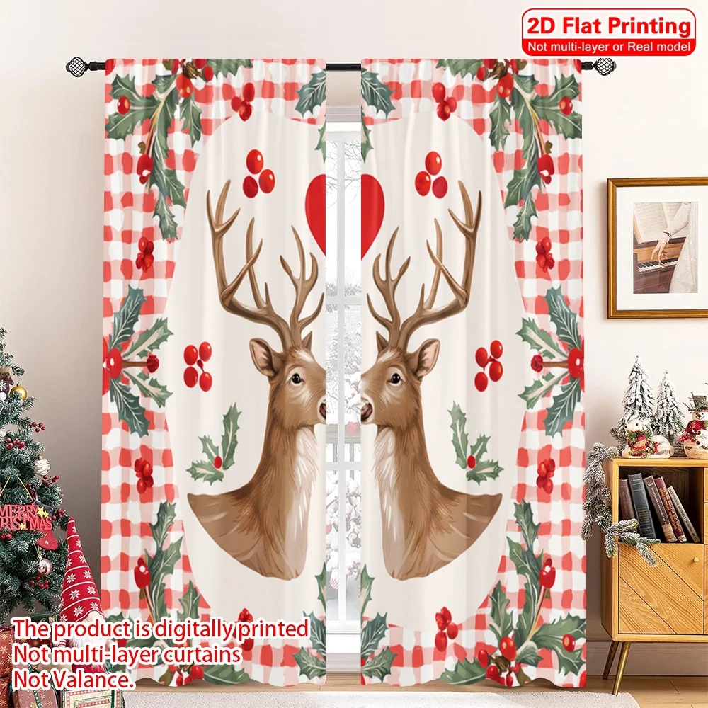 

2pcs 2D flat printing Christmas Curtains Deer Heart Holly Christmas Fabric Without Electricity Festive Holiday Use for Classroom