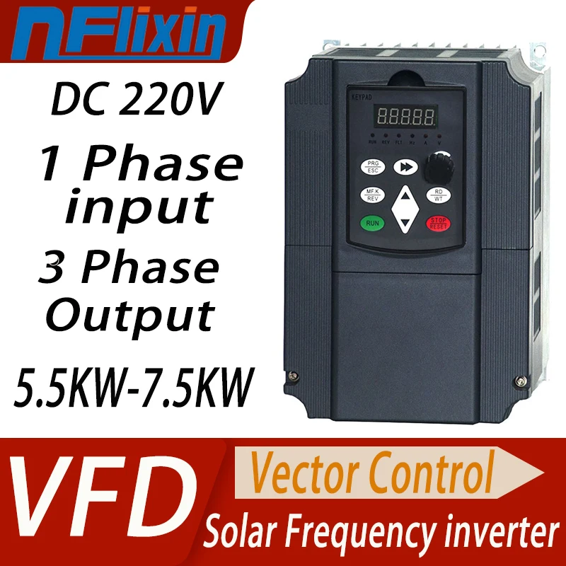 Solar VFD DC220-400V to 3P 220VAC 1.5/2.2/4/5.5/7.5KW Variable Frequency Drive Converter for Motor Speed Control Inverter