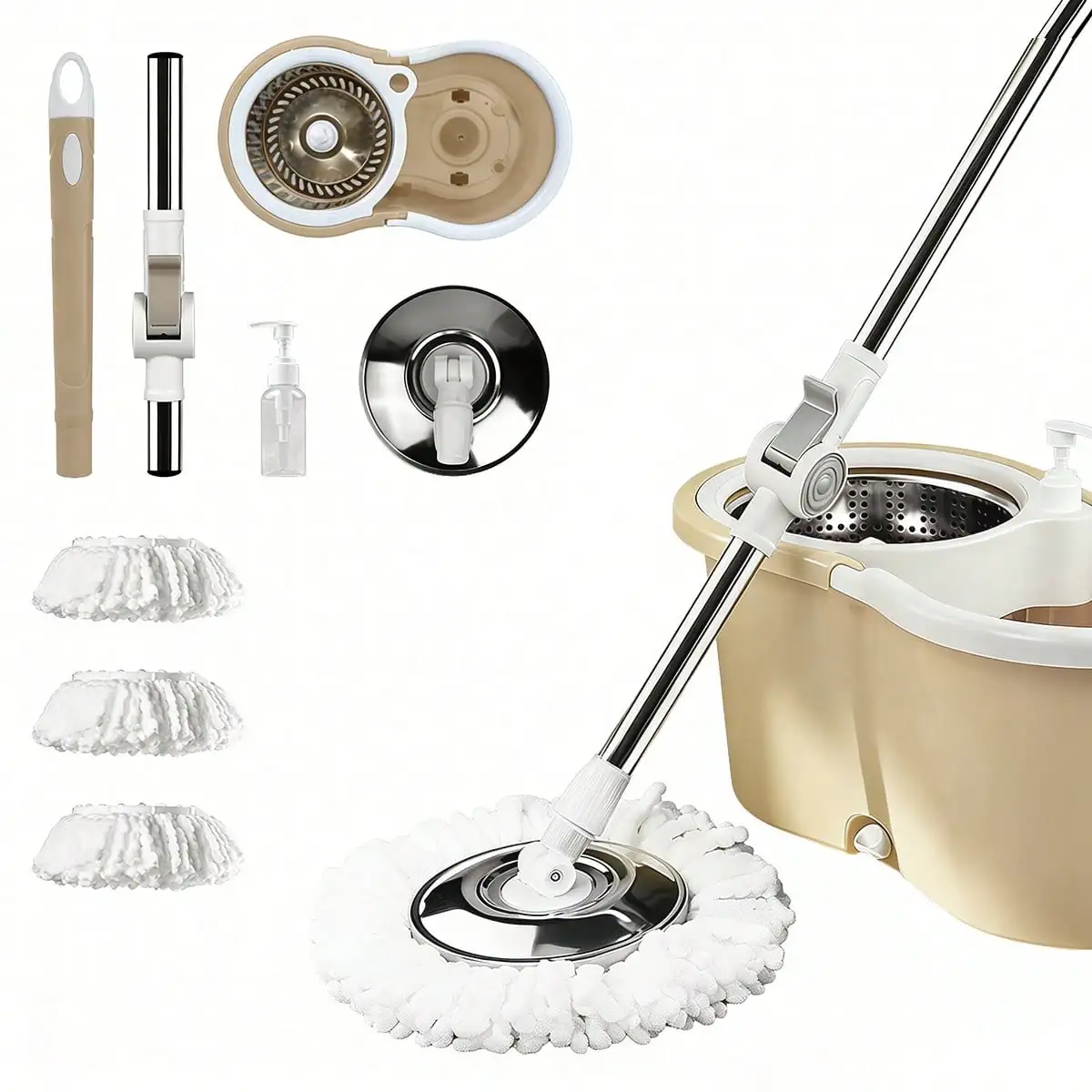 Microfiber Spin Mop And Bucket Set With 3 Replacement Heads & Adjustable Stainless Steel Handle