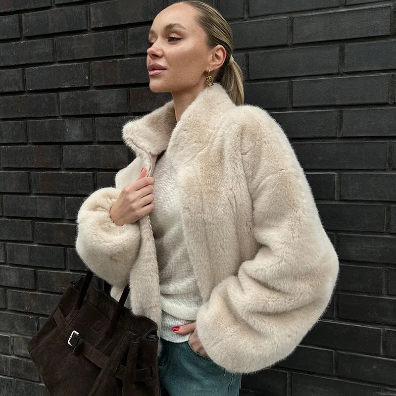 Tuularose Stand-Collar Fur Coat Women's Plush Loose Thickened Autumn Winter Zipper Coat Lady Soft Comfortable Casual Simple Coat