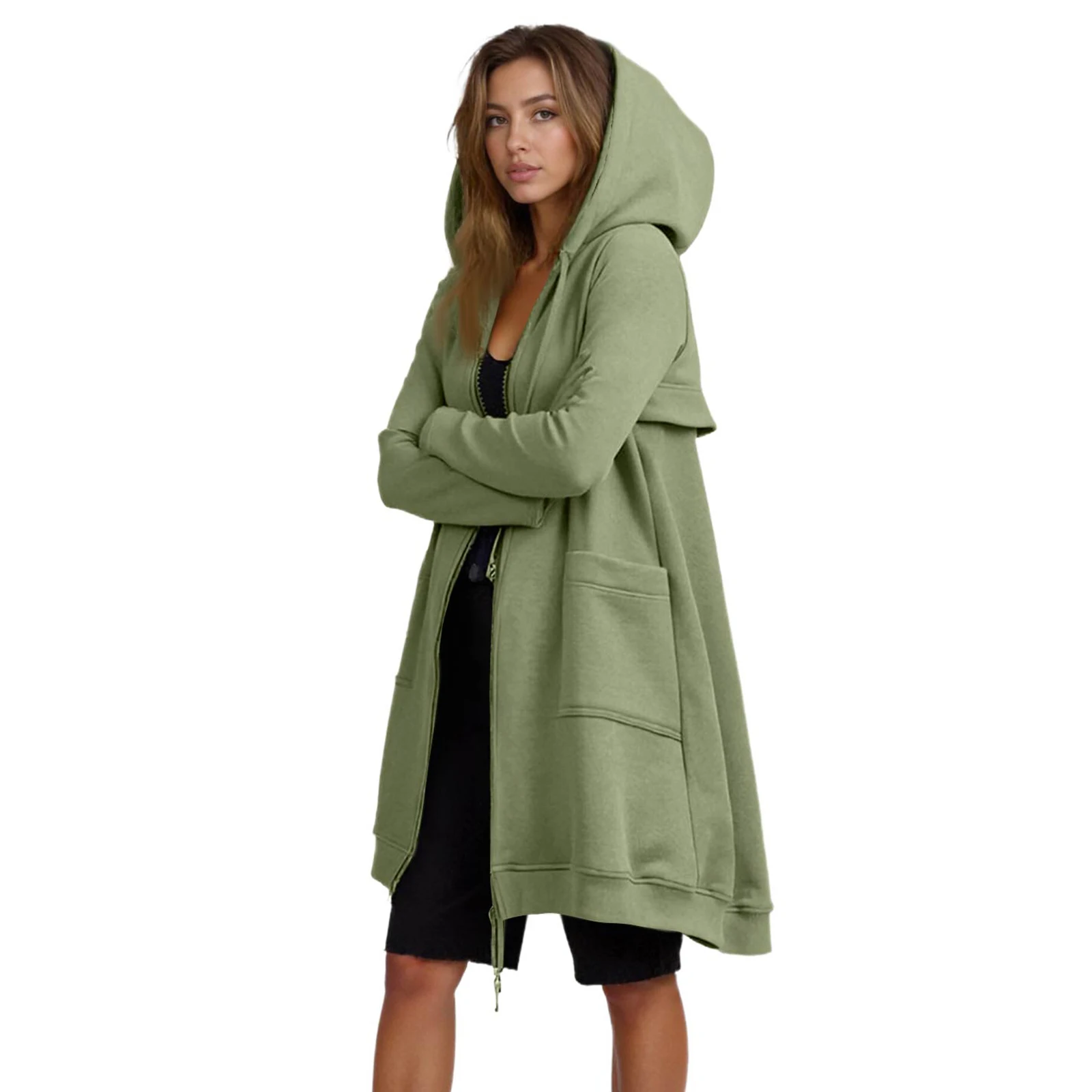 

Зимняя женская модная однотонная повседневная лоскутная толстовка на молнии с капюшоном и карманами для верхней одежды