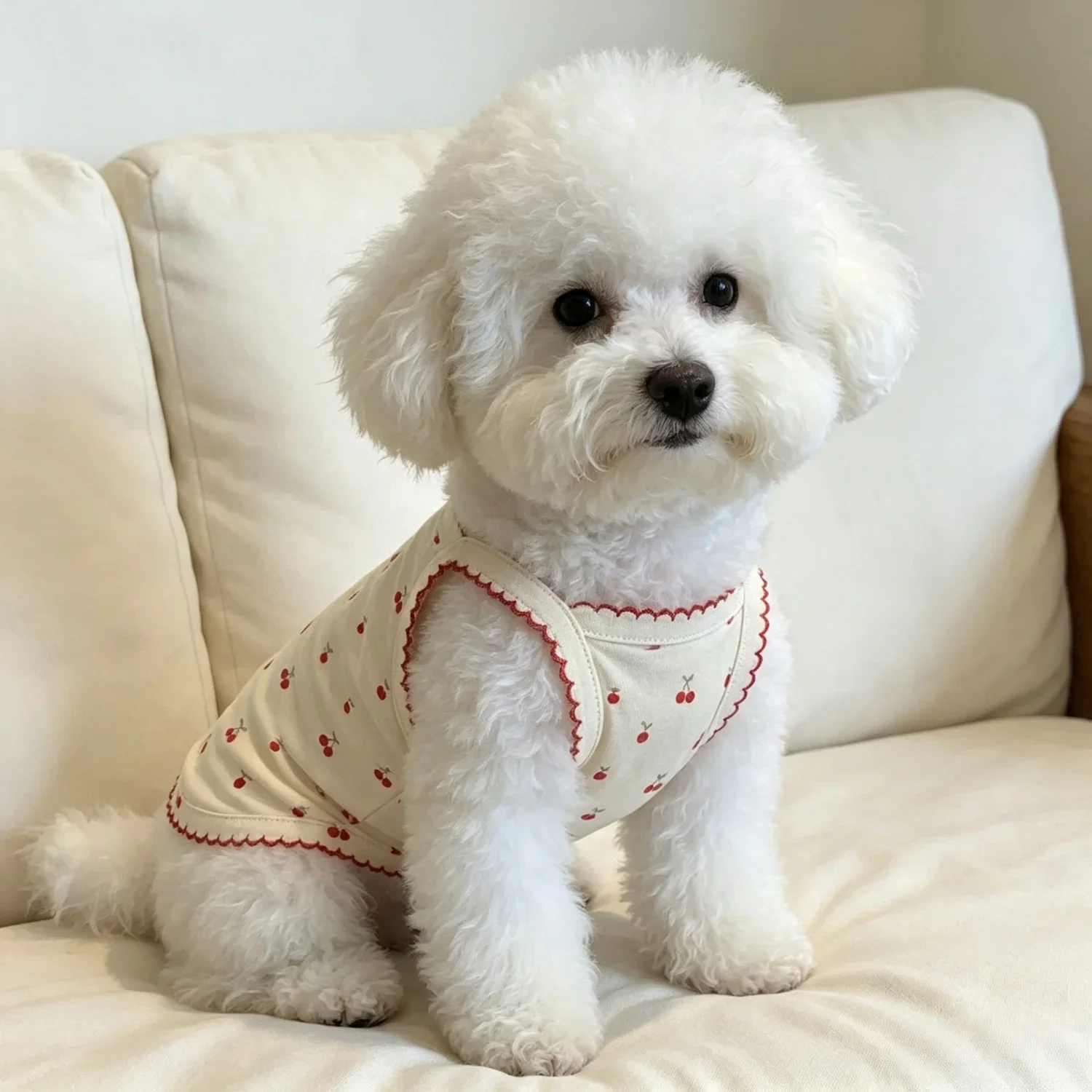 Sommerweste für kleine Hunde, niedliches Kirschmuster, Haustierkleidung, atmungsaktives ärmelloses Welpenshirt aus Baumwolle für Bichon Teddy Cat – Detail 14