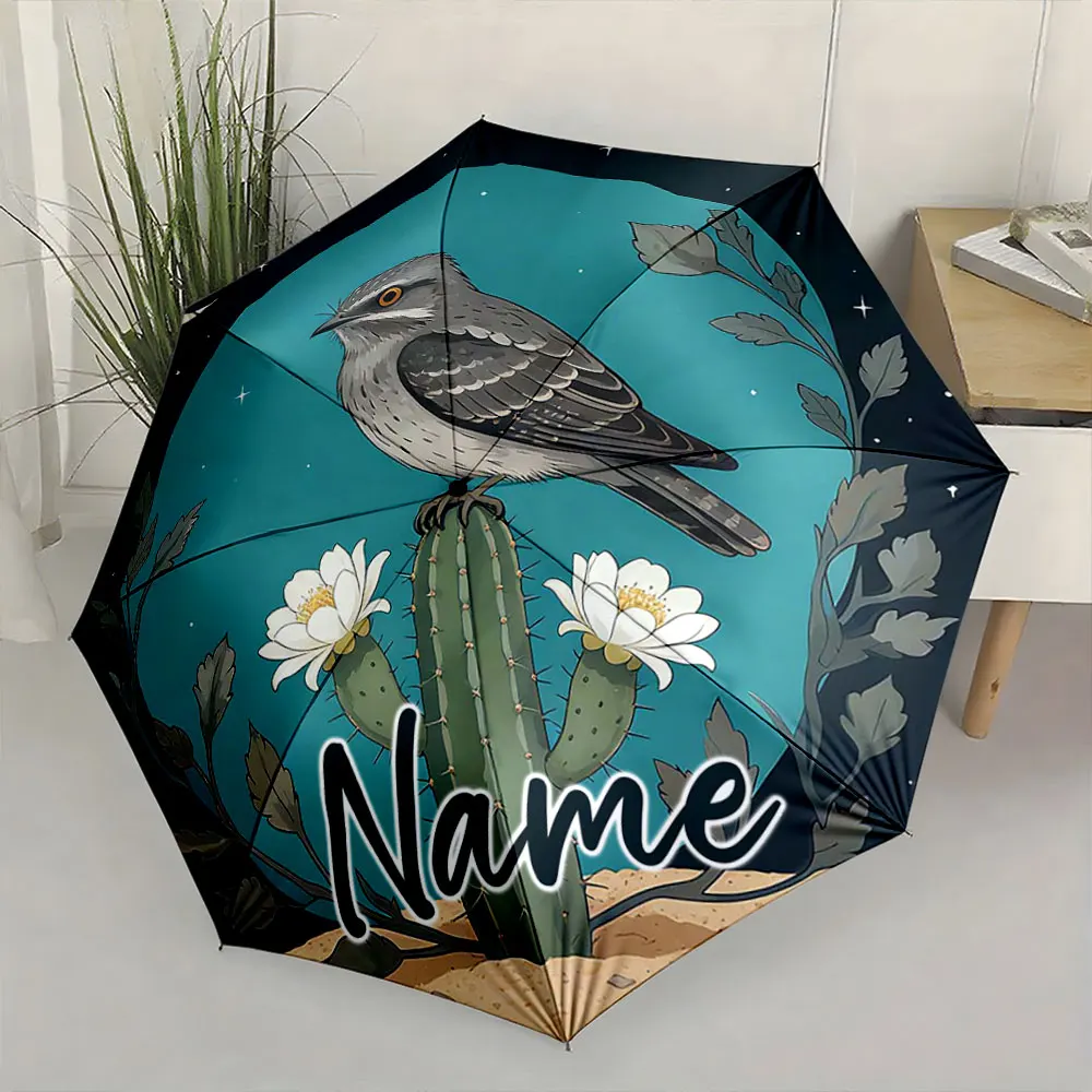 Custom Name Umbrella Colorful Bird and Cactus Design on Umbrella Print 8 Iron Ribs Folding Umbrella Auto-Open Fashion Sunshade