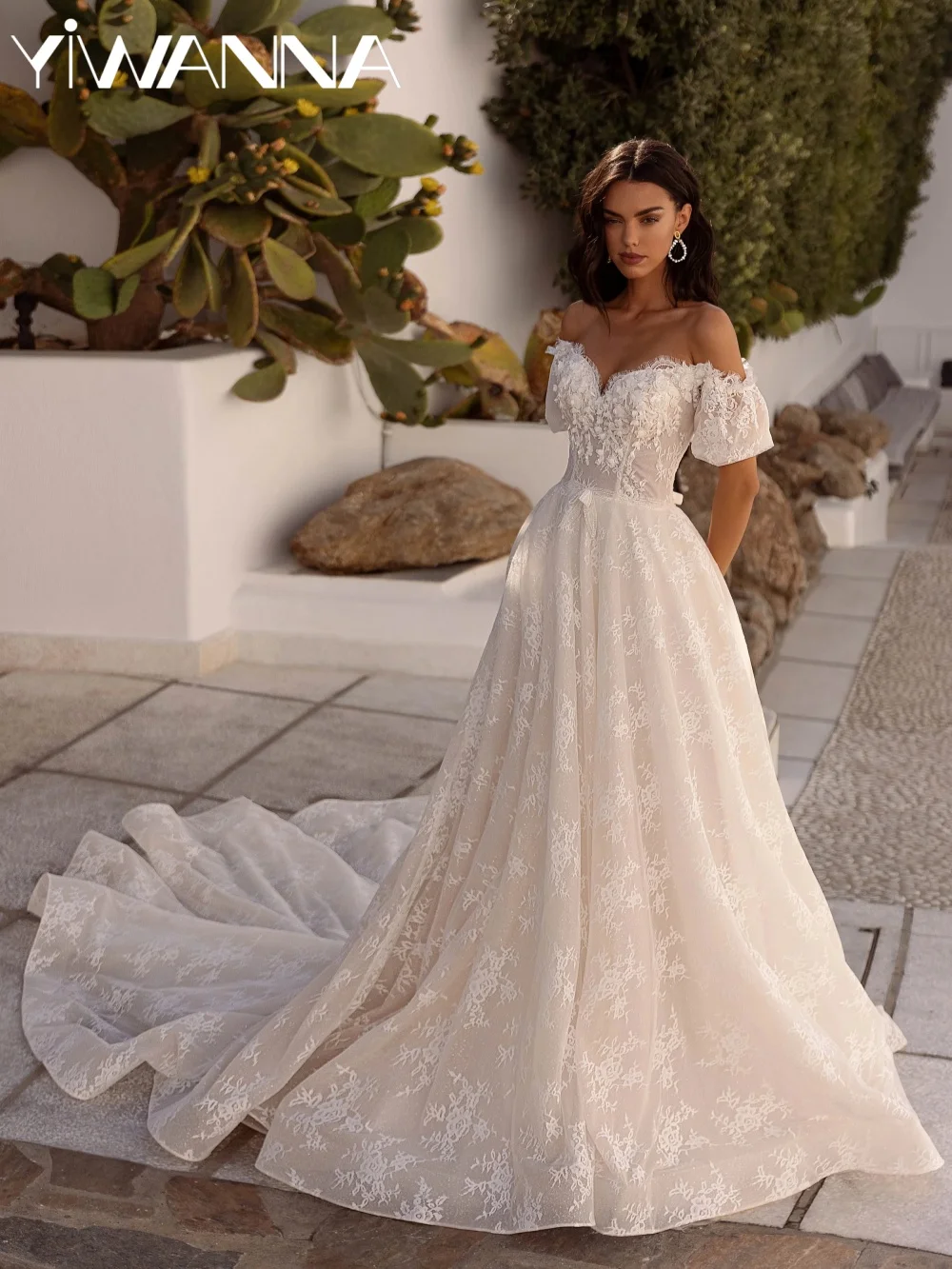 

Glitter Lace 3D Flower Wedding Dress Off Shoulder A-line Floor-length Bridal Gown New Customized Attractive Dresses For Bride