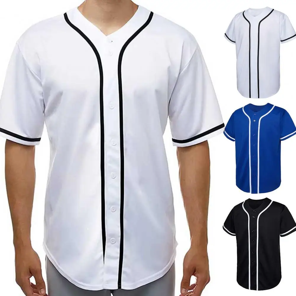 Men Summer T-shirt Pullover Short Sleeves Color Matching Men Top Buttons Single-breasted Loose Mid Length Men Baseball Uniform