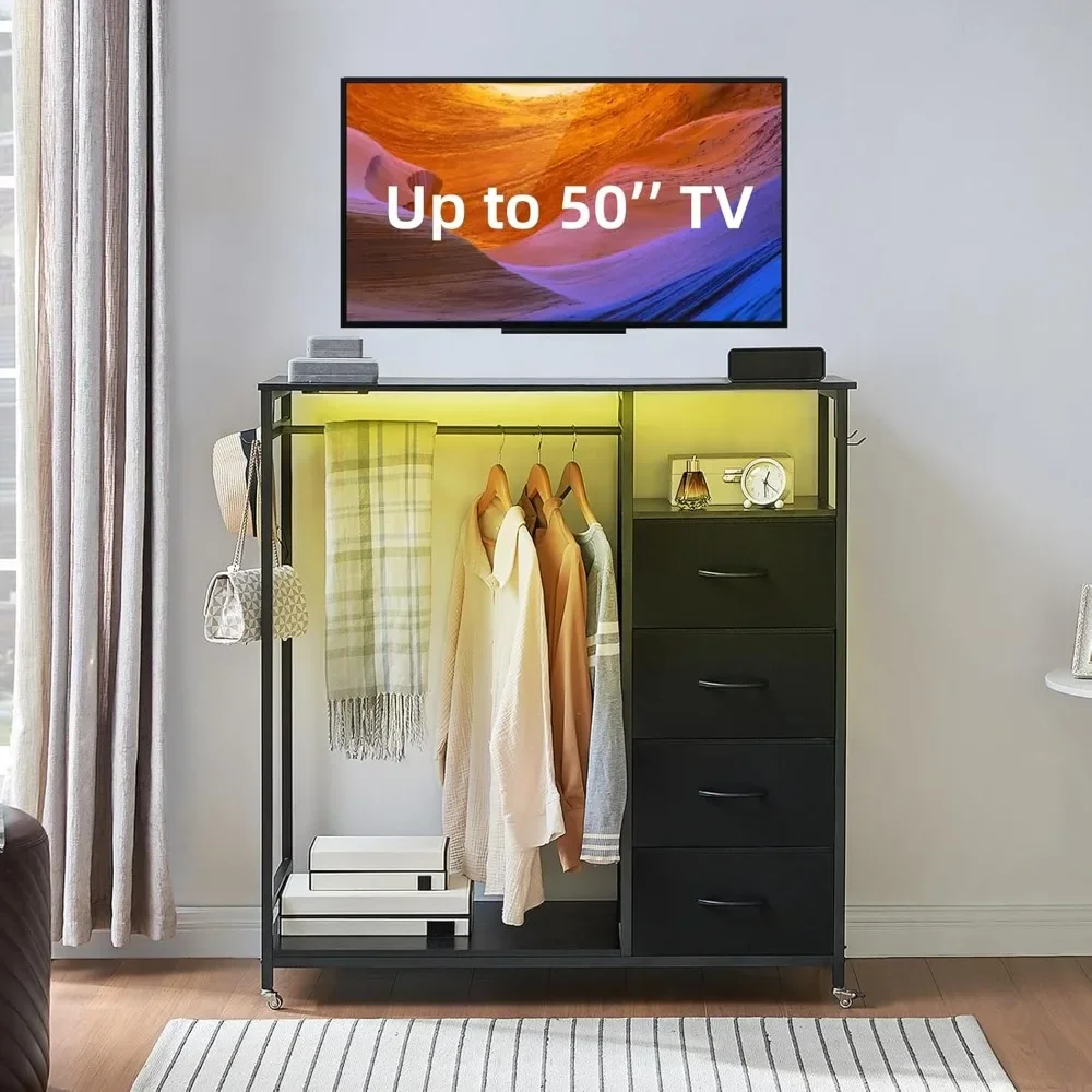 

Black Dresser with Hanging Shelves, LED Lights and Charging Station, 4 Drawer Dresser with Hangers, Tall Storage Drawer Chest