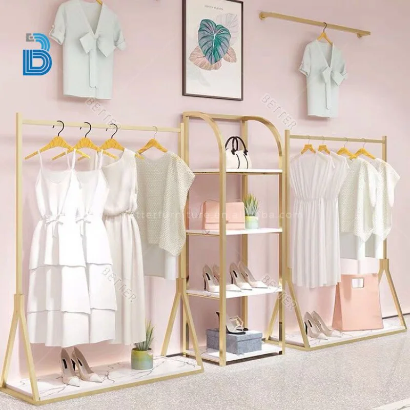 Gold Metal Clothing Rack, prateleira para loja de roupas, exibição