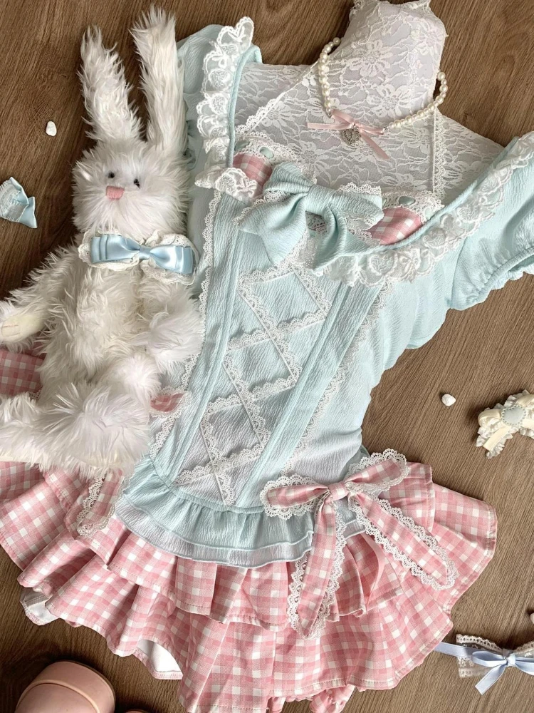 夏の和菓子風キュートなレディース outfits バブルスリーブトップス + 水玉模様ケーキスカート 原宿系ピュアデザイア スリムツーピースセット 2025