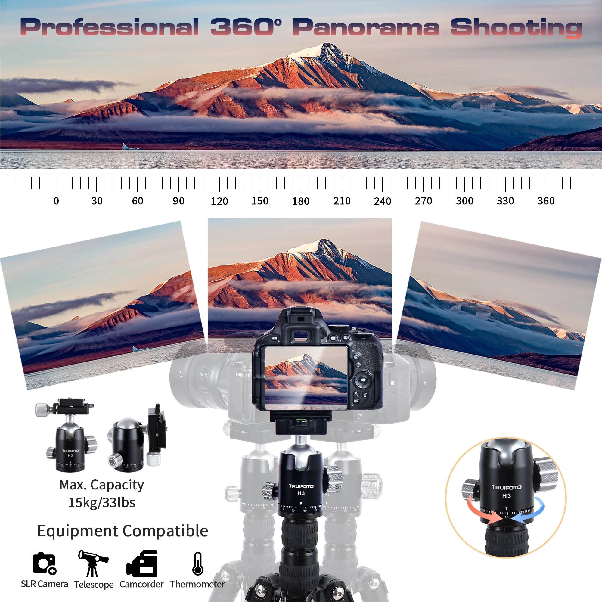حامل ثلاثي القوائم للسفر من الألومنيوم لكاميرا DSLR ، حامل ثلاثي القوائم كروي بانوراما ° ، حامل ثلاثي القوائم ، سعة تحميل 33lb