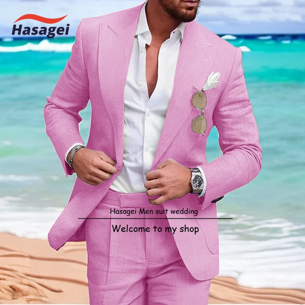 Mens Linen Suit Sets for Summer Beach Slim Fit 2 Piece Wedding Groomsmen Linen Suit Casual Party Suit