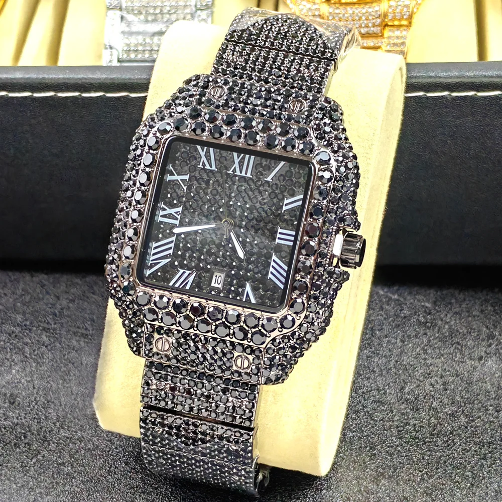 Full Green Blue Diamonds Hip Hop Quartz Watch Mens Silver Stainless Steel Luxury Brand Rectangle AAA Quality Fashion Watch Men