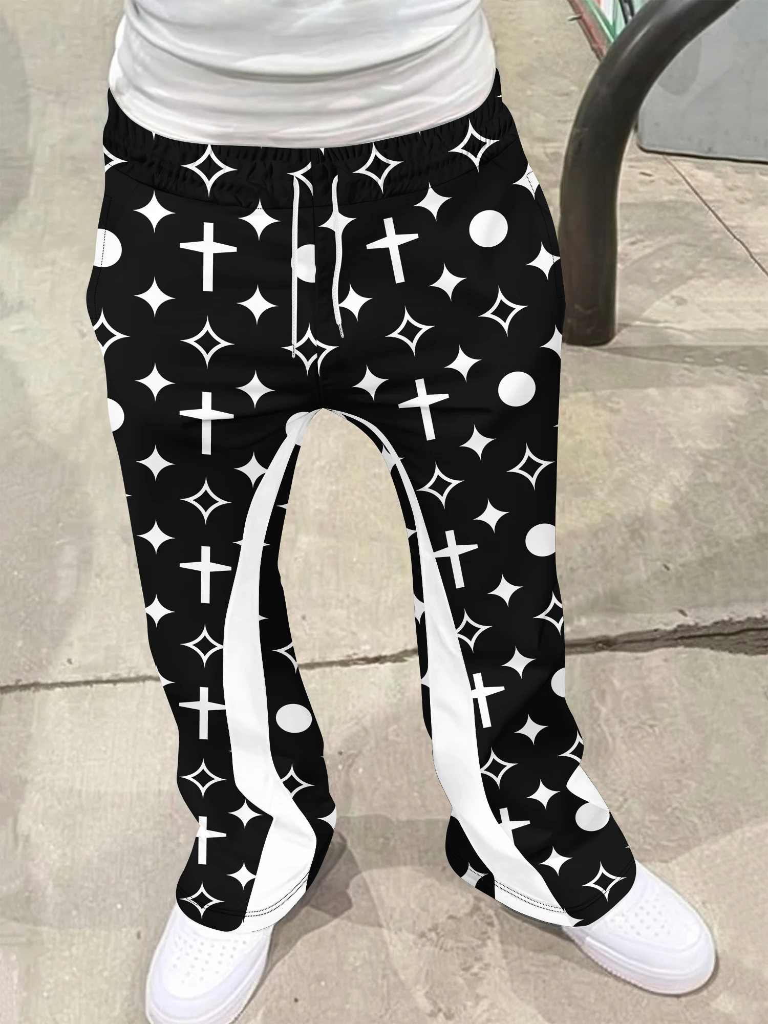 Y2K Gothic Quick Dry Flared Trousers Unisex Lightning Font Print Black White Stripe Spliced Hip Hop Streetwear Long Pants view 2