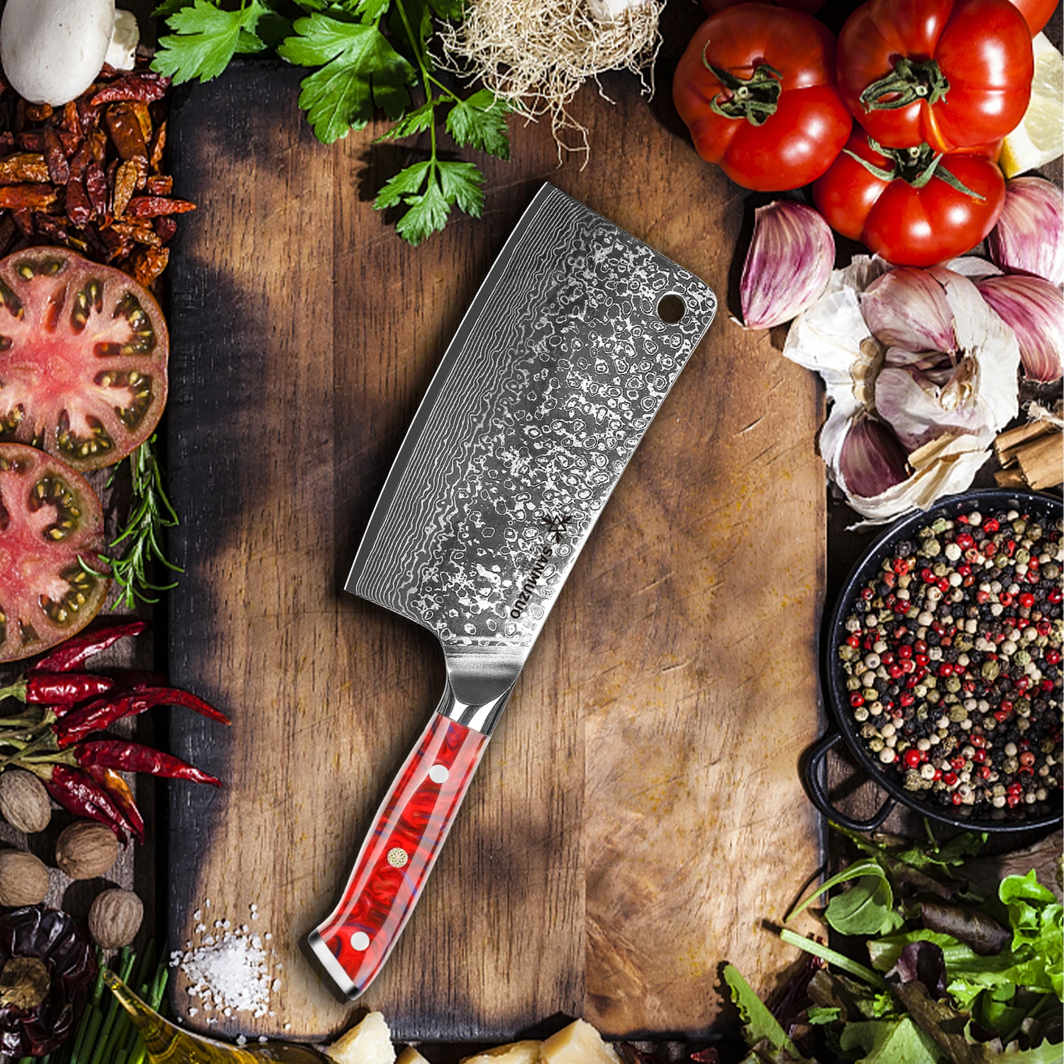 Afbeelding 3: Sanmuzuo Beenhakmes-6.5 Inch Hakmes-Xuan Serie-Vg10 Damascus Stalen Keukenmes-Handvat Van Hars (Rood)