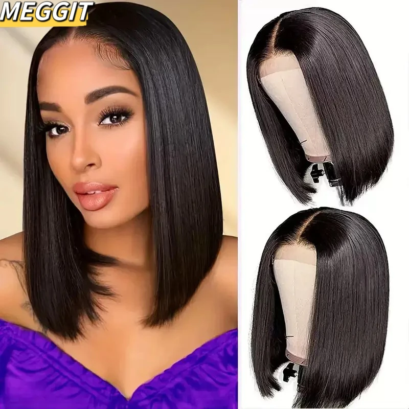 

Meggit 10-16Inch Short Straight Bob Wig Straight Brazilian 100% Human Hair Bobo 13X4 Lace Frontal Wig Bobo Medium Straight Hair