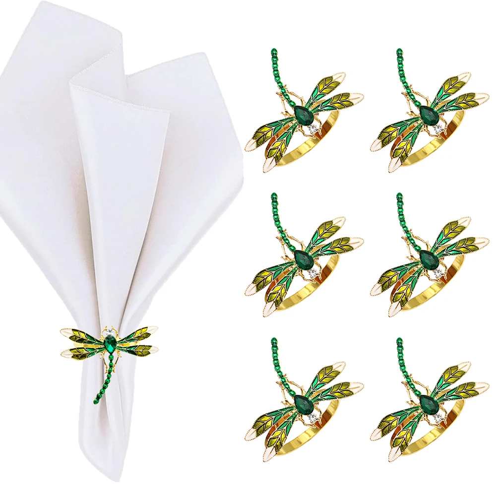 6Pcs Green Dragonfly Napkin Rings Metal Animal Napkin Buckle Daily Wedding Party Family Gathering Table Decorations HB468