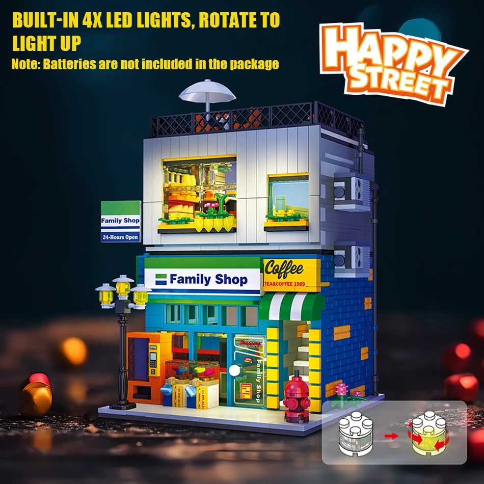 MOC Creative City Street View Convenience Store Building Blocks Set with LED Architecture Modular Assembly Bricks Toys Kids Gift