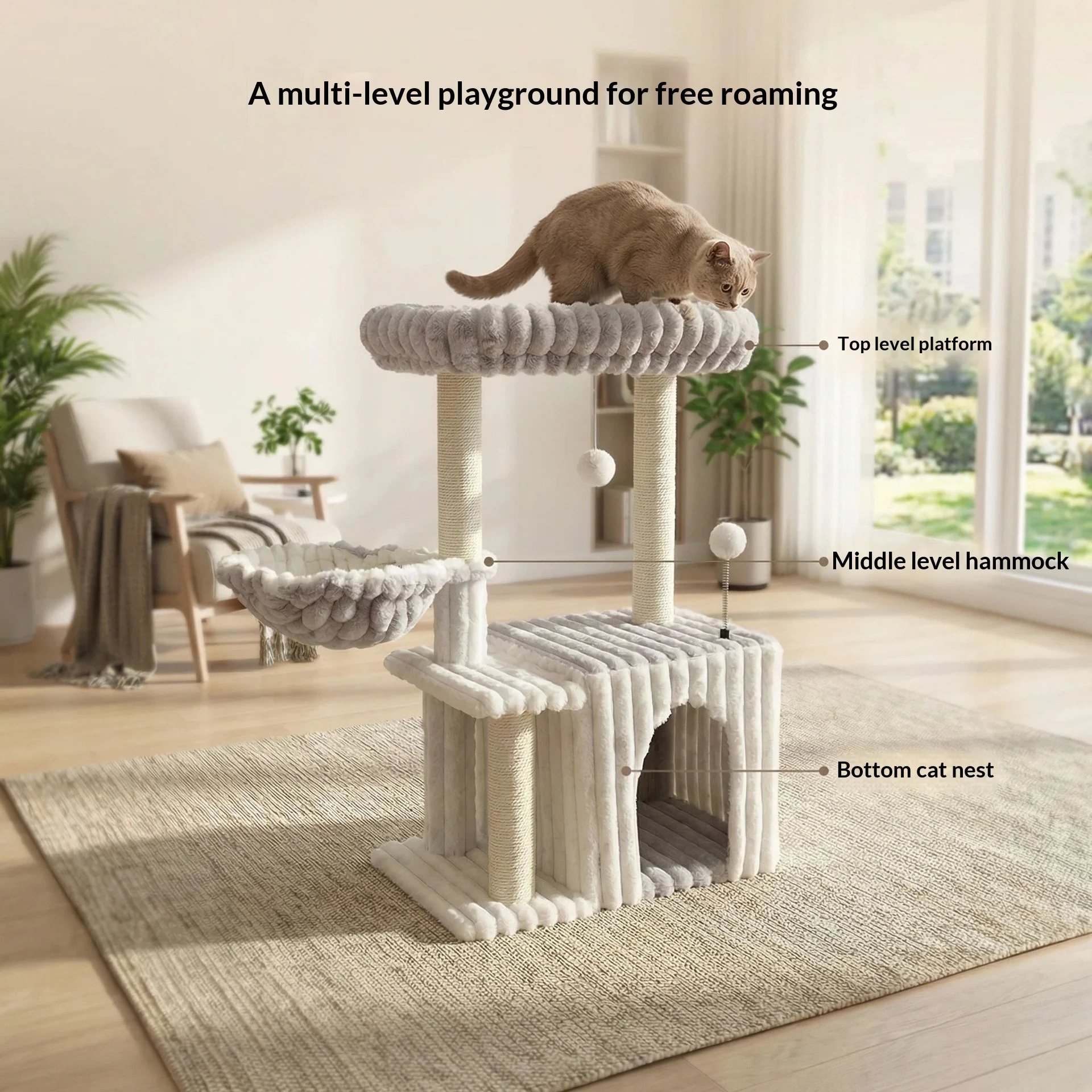 Árbol rascador para gatos con cama, salto y poste de sisal - imagen 4