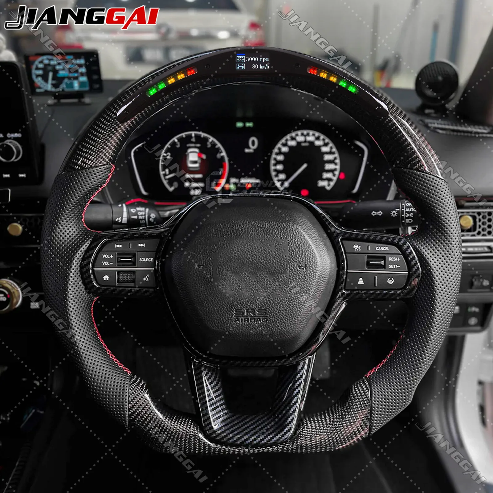 

HandMade LED Carbon Fiber Car Sports Steering Wheel Fit For Honda Civic 11th Gen 22+ Accessories Black Leather