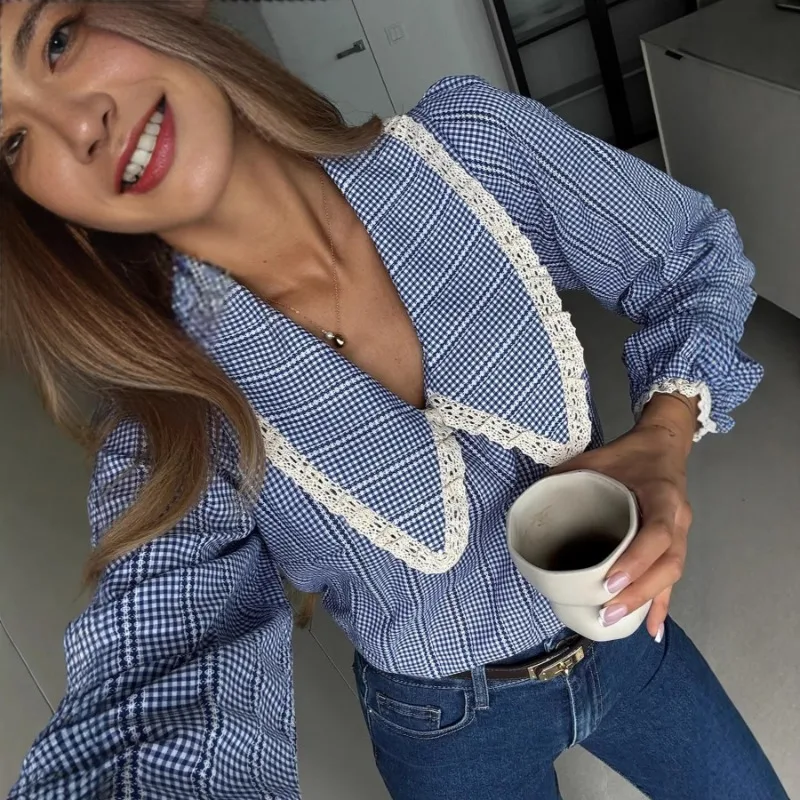 

Women's Gingham Print Shirt With Lace Collar Long Sleeve Loose Casual Blouse Vintage Office Wear