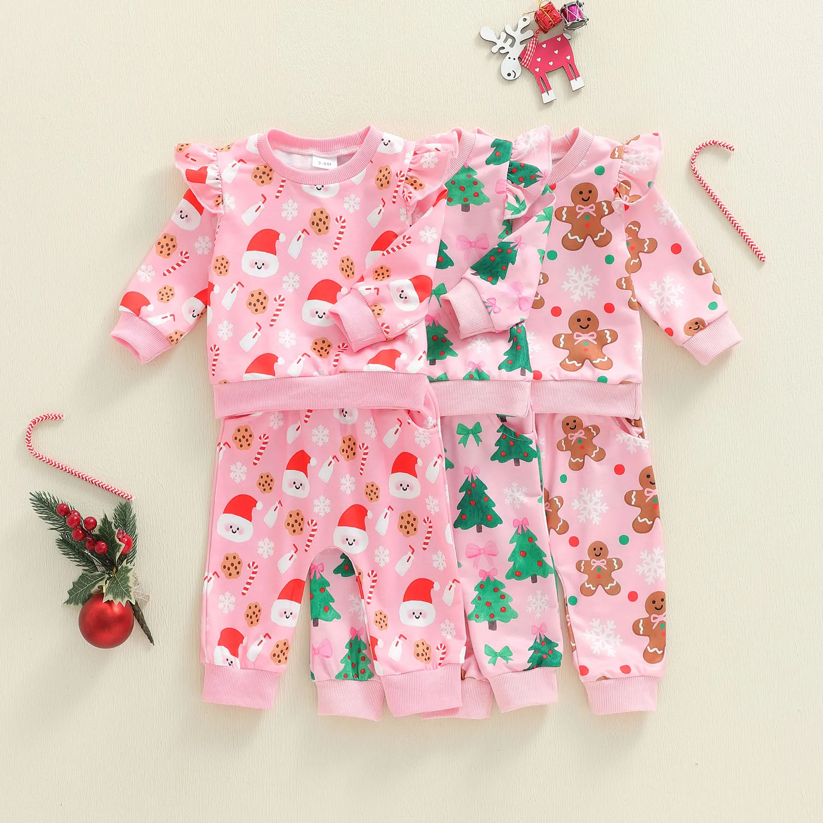 FOCUSNORM 0-3Y جميل طفل الفتيات عيد الميلاد الملابس مجموعات شجرة/سانتا طباعة كم طويل البلوز القمم + مرونة الخصر السراويل #1