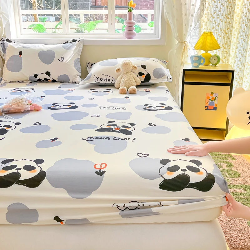 1pc 100%Cotton Bed Sheet for Kids Panda Printed Cute Cartoon Style Fitted Bed Sheet with Elastic Band 360All-inclusive Bed Sheet