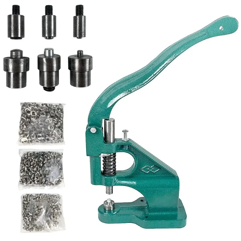 

Hand Press Heavy Duty Eyelet Grommet Machine Punch Tool Kit with 3 Dies and 1500 Pcs Silver Grommets