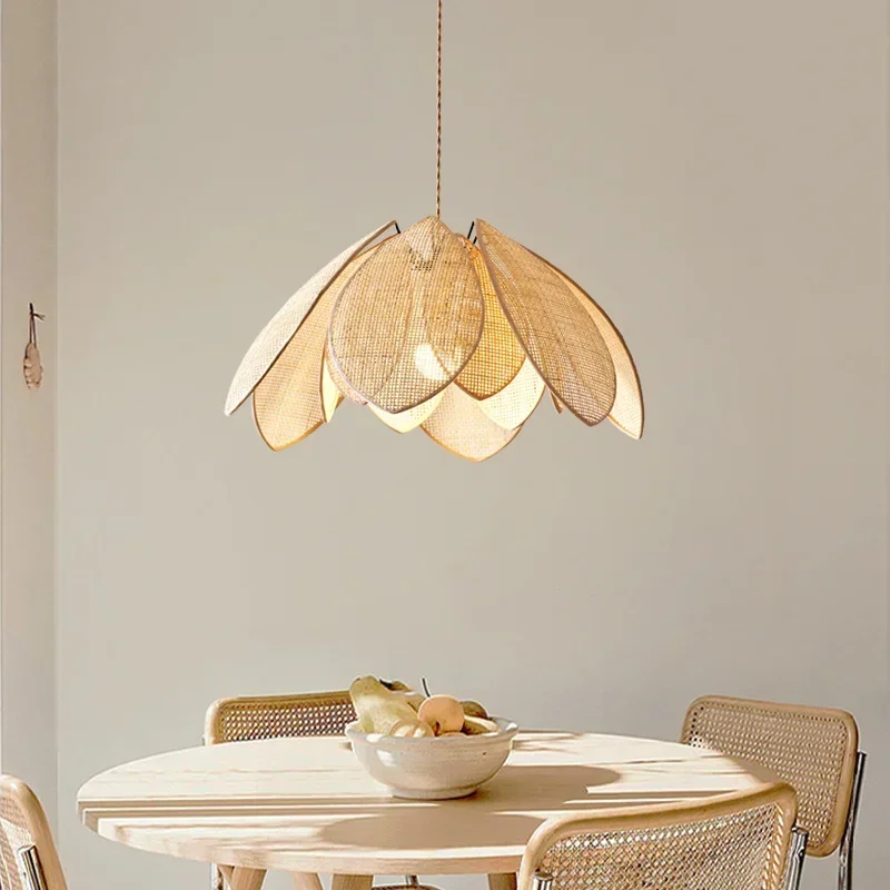 Modern Natural Rattan Petal E27 Chandelier Nordic Wabi Sabi Led Pendant Lights Modern Simple Foyer Suspend Lamp Bedroom Lamparas