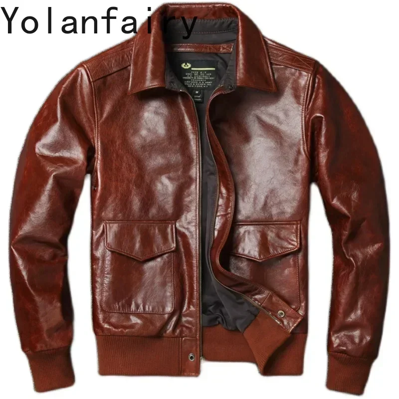 

YOLANFAIRY Genuine Leather Jacket Men's Oil Wax First Layer Cowhide Men's Red-brown Jacket Casual Chaquetas Hombre FCY622