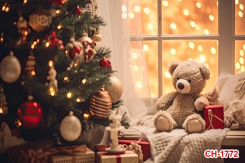 Рождественская фотография Фон окно милый медведь подарки блестящая Рождественская елка дети семейный портрет Фотостудия