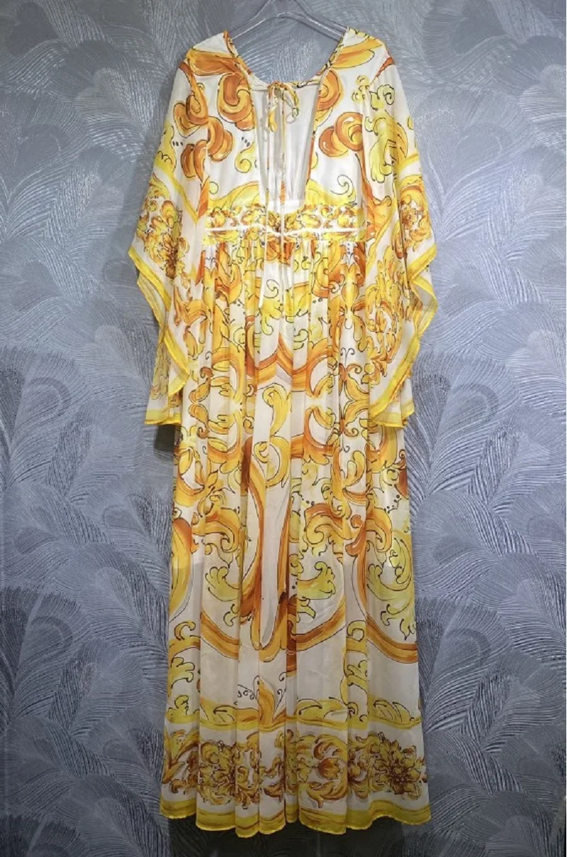 Floor Length Dress 2025 Spring Summer Style Women Vintage Print Hollow Out Backless Sexy Long Bohemian Beach Maxi Dress Yellow