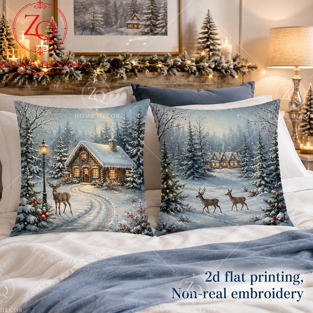 Winter Snow Cabin Throw Pillow Cover 2D Flat Printed Peach Skin Christmas Deer Cushion Case Pine Pillowcase Bed Sofa Home Decor